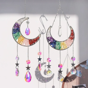 Moon-shaped suncatcher with seven-color natural healing stones and crystal prisms