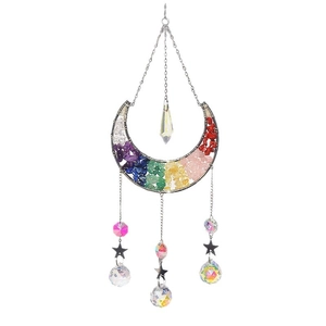 Crystal moon suncatcher with rainbow chakra stones and shimmering prism crystal balls