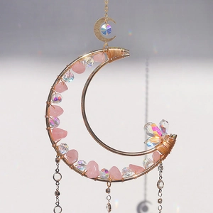 Detailed wire-wrapped moon suncatcher with rose quartz and colorful faceted beads