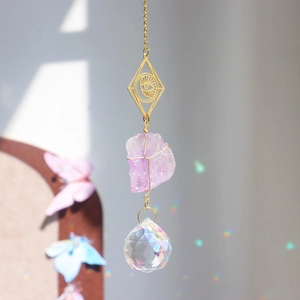 Suncatcher with purple raw amethyst and crystal ball prism for window decor
