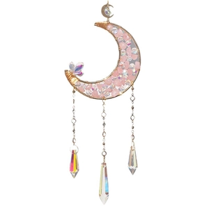 Golden moon sun catcher with pink rose quartz and crystal prisms for home window decor