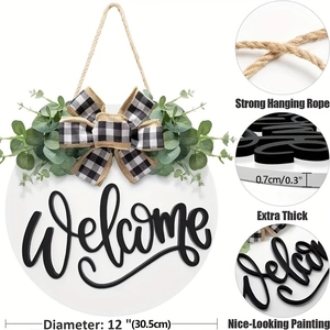 White 12-inch wooden Welcome door wreath with buffalo plaid bow and eucalyptus leaf decor