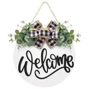 Wooden Welcome Sign For Front Door Round White Hanging Plaque With Buffalo Plaid Bow Artificial Greenery Farmhouse Porch Home Decor
