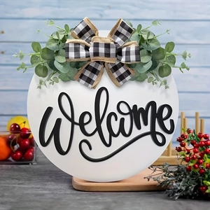 White wooden welcome wreath sign with buffalo plaid bow and eucalyptus for front door decor