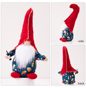 Detail view of Beer-themed Independence Day gnome with plush beard and wine cup props