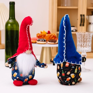Set of two Independence Day gnomes with beer-themed patterns and miniature wine bottles