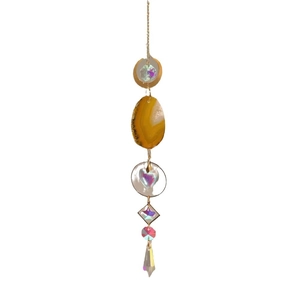 Vertical crystal suncatcher with colorful agate slice and multifaceted prism pendants