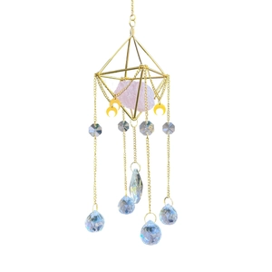 Bohemian gold crystal suncatcher with pink raw stone and faceted prisms for home decor