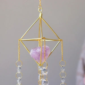 Golden geometric suncatcher with purple amethyst and crystal beads for home decor