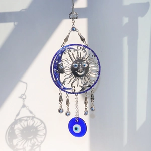 Celestial sun and moon suncatcher with evil eye beads and tree of life garden hanging decor