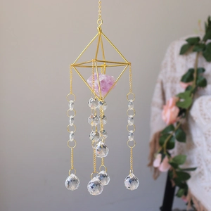 Golden suncatcher ornament with amethyst stone and crystal pendants for home decor