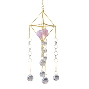 Golden suncatcher with natural raw amethyst crystal and faceted hanging glass prisms