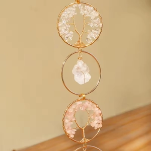 Handmade Tree of Life crystal suncatcher with natural stones and golden wire rings