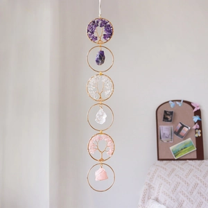 Handmade tree of life wall hanging with amethyst quartz crystal stones on golden rings