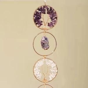 Detailed handmade Tree of Life hanging ornament with purple crystal stones and gold rings