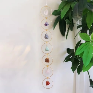 Seven chakra raw stone wall hanging with golden metal wire wrapped crystal tree of life