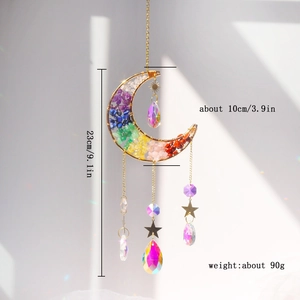 Detail of moon suncatcher with colorful crystals showing size 23cm length and 10cm width