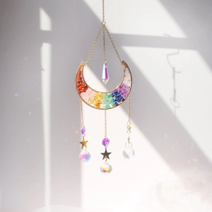 Golden moon suncatcher with rainbow chakra crystals and sparkling crystal ball prisms