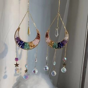 Bohemian moon suncatcher with colorful healing crystals and gold metal wire wrap
