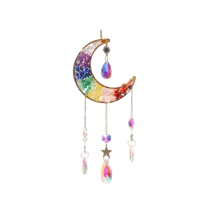 Moon shaped suncatcher with colorful chakra stones and sparkling crystal star pendants