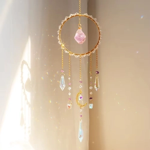 Bohemian Crystal Suncatcher Dreamcatcher Hanging Ornament Gold Alloy Moon Butterfly Prism Pendant For Home Garden Window Decor