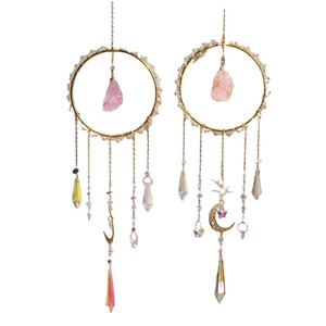 Bohemian gold suncatcher with crystal chips and raw rose quartz pendant ornament