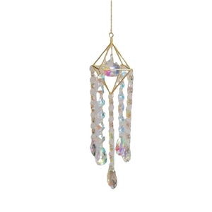 Rhombus metal frame crystal suncatcher wind chime with iridescent bead chains and droplets