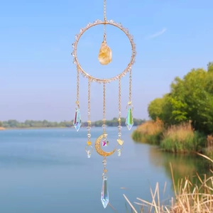 Detailed close-up of a golden suncatcher featuring citrine stones and crystal prisms