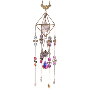 Golden butterfly suncatcher with raw crystal stone and aurora drop pendant for window