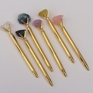 Lot de 6 stylos à bille de luxe en métal doré ornés de pierres de cristal naturelles