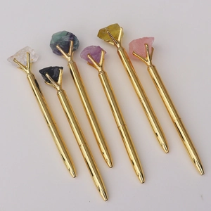 Stylo à Bille de Luxe en Métal Doré Avec Pierre de Cristal Naturelle Brute Quartz Rose Améthyste Obsidienne Pour Bureau Papeterie Cadeau