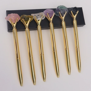 Set de 6 stylos à bille dorés avec pierres de cristal naturelles en coffret cadeau