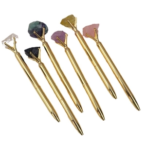 Lot de 6 stylos à bille dorés avec cristaux naturels et finition métal poli