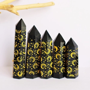 Natural Obsidian Hexagonal Prism Crystal Point With Gold Sun Moon Stars Pattern Mystical Spiritual Home Decor