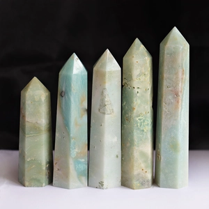Set of five natural amazonite hexagonal crystal pillars with unique mineral textures