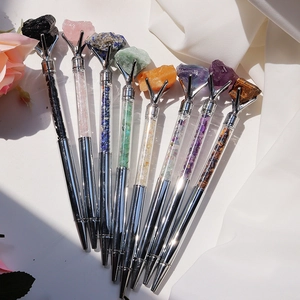 Stylos à bille en métal argenté avec pierres de cristal naturel en 8 styles variés