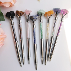 Lot de 8 stylos à bille argentés avec pierres de cristal naturelles et gemmes brutes