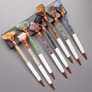 Natural Crystal Gemstone Ballpoint Pen Crushed Stones Rose Gold Trim Office School Business Elegant White Barrel