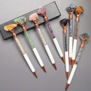 White metal ballpoint pens with colorful natural crystal stone fill and rose gold accents