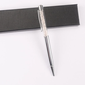 Silver crystal ballpoint pen with pink crushed stone details and black gift box