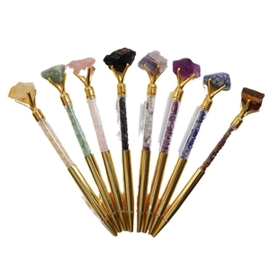 Set of 8 golden metal ballpoint pens with natural crystal stones and crushed mineral fillings