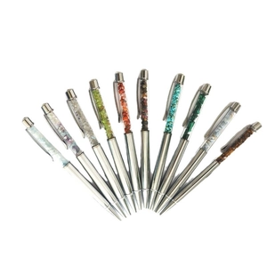 Silver crystal ballpoint pens set with colorful crushed stone fillings in 11 vibrant styles