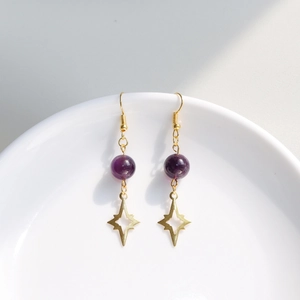 Elegant gold drop earrings with purple amethyst beads and hollow star-shaped charms