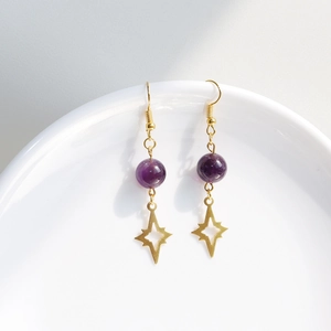 Amethyst Crystal Drop Earrings With Gold Star Charm And Silver Earring Post Elegant Simple Jewelry For Women