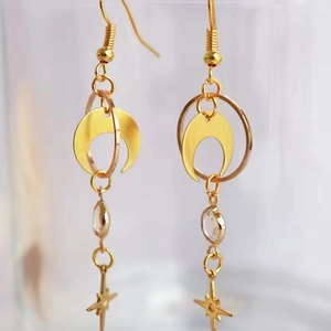 Bohemian gold crescent moon and star long dangle earrings with clear crystal drop S925 hook
