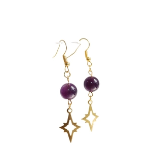 Elegant gold drop earrings with purple amethyst beads and hollow star pendant charms