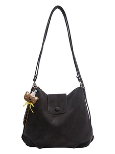 Large capacity vintage dark brown tote bag with cute bear pendant and adjustable strap