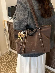 Retro large brown faux leather tote bag with cute bear charm and adjustable straps