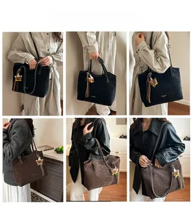 Collage of model carrying a vintage matte tote bag with teddy bear charm in various poses
