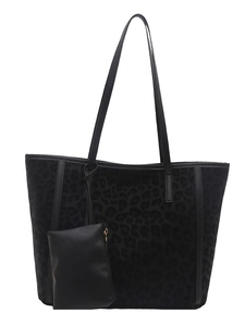 Large black leopard print tote bag with a matching small zipper pouch in a 2-piece set
